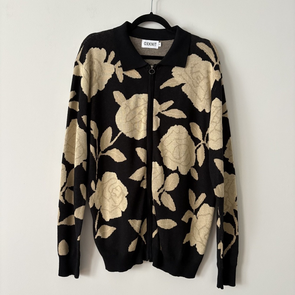 OXKNIT Womens Full Zip Long Sleeve Knit Sweater Black Floral Size XL 100% Cotton